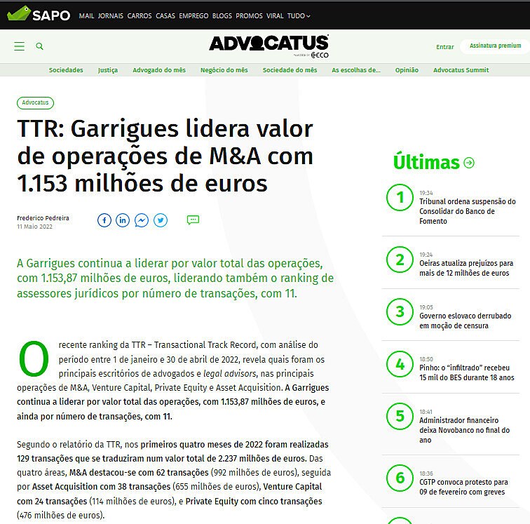 TTR: Garrigues lidera valor de operaes de M&A com 1.153 milhes de euros